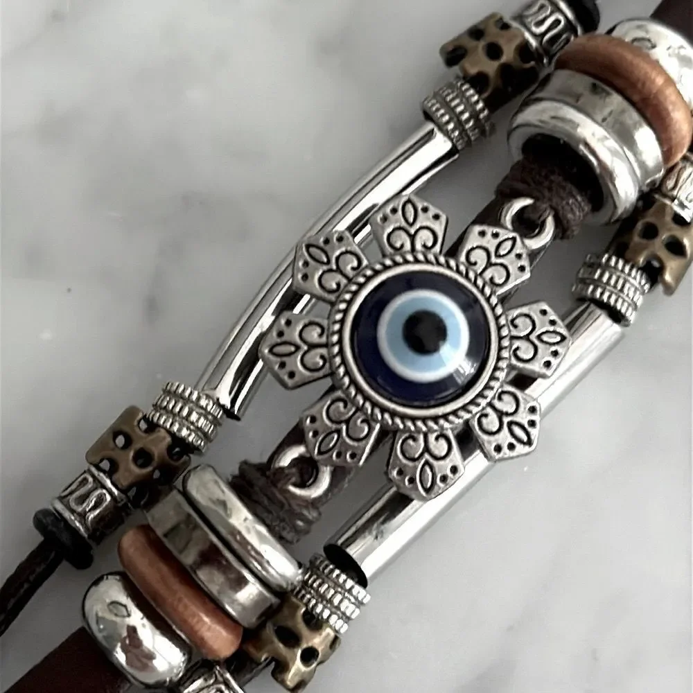 Protective Evil Eye Cuff Bracelet – Brown Leather, Boho Multi-Strand